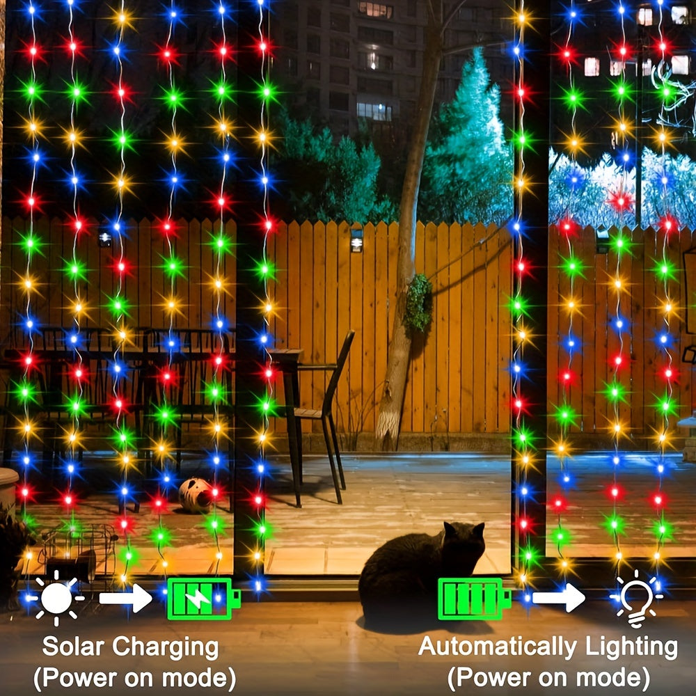 Amazing 1 Pack 100/200/300 LED Solar String Lights, Outdoor, 8 Lighting Modes Curtain Fairy Lights, Christmas Decorative Lights, Ideal for Wedding, Balcony, Patio, Garden Decoration (Colorful/Warm White/White ) 